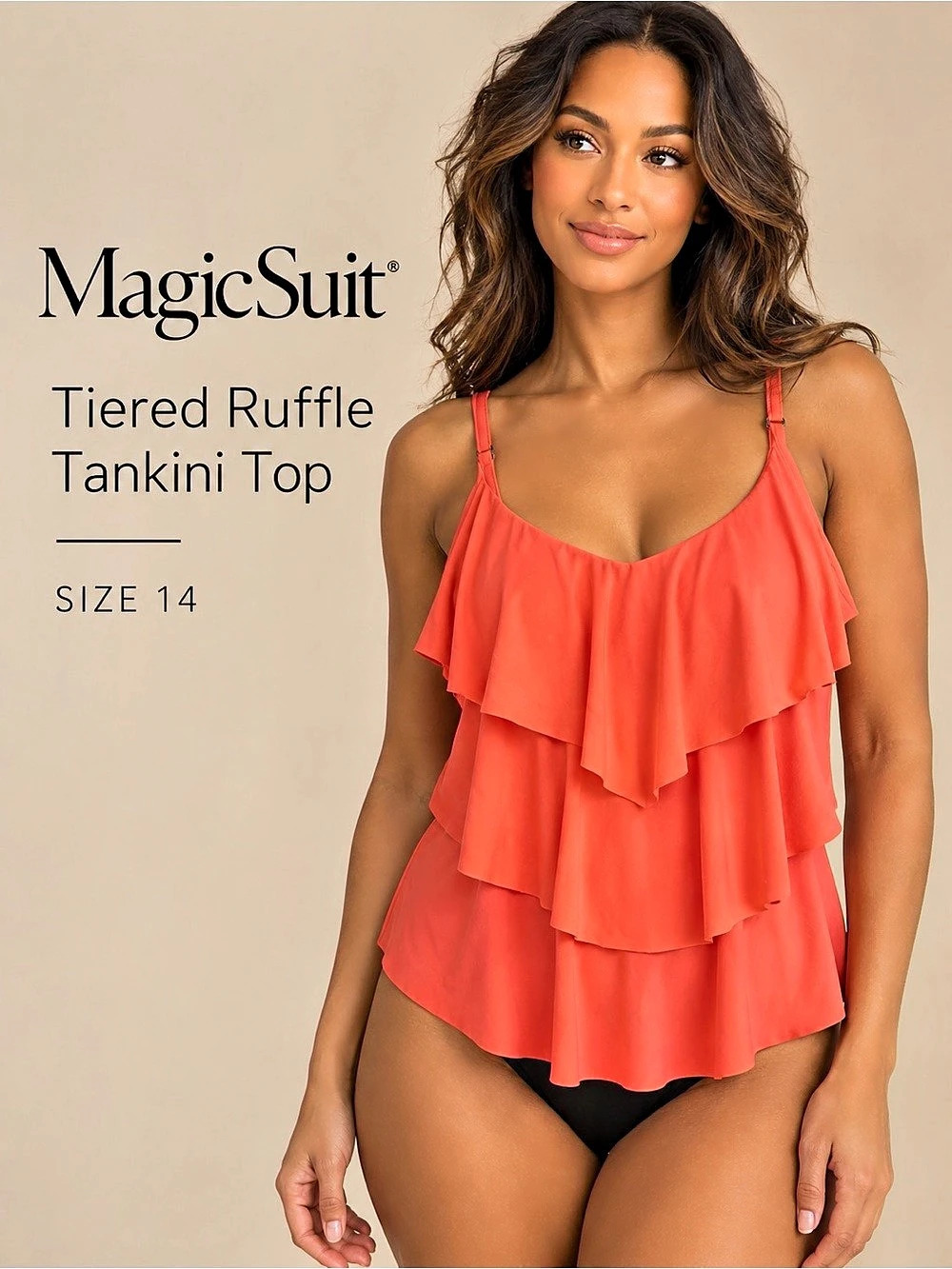 Magicsuit Tiered Ruffle Tankini Top Coral Size 14 Built-In Bra